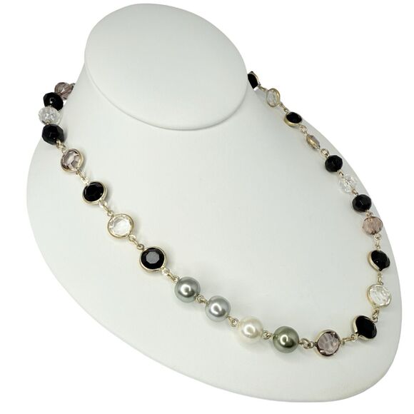 Vintage Black & White Rivoli Beaded Layering Necklace 60" Silver Tone - Picture 10 of 12